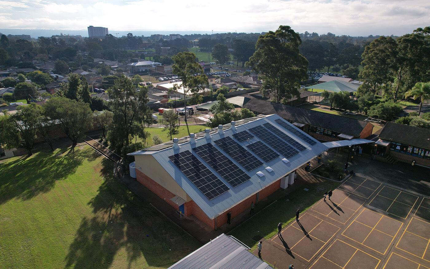 Aerial view of solar panels on school