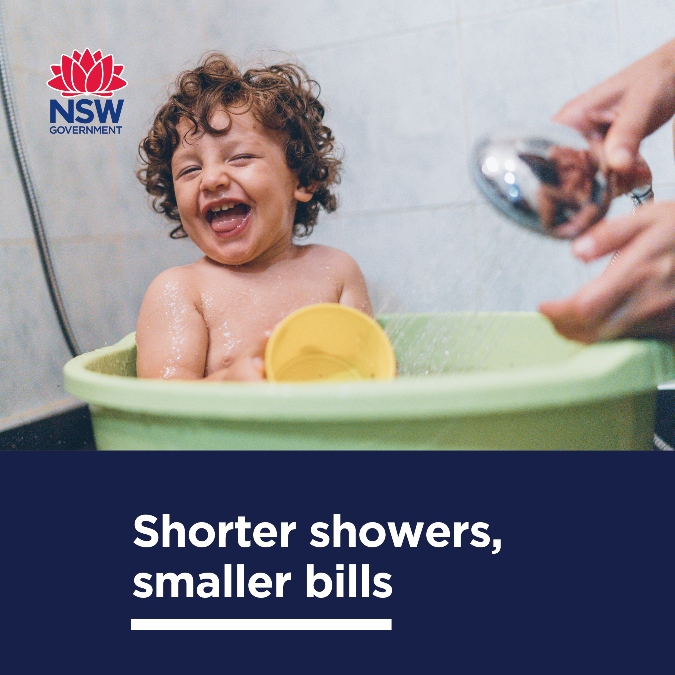 Social media tile with child in bathroom and the phrase "Shorter showers, smaller bills"