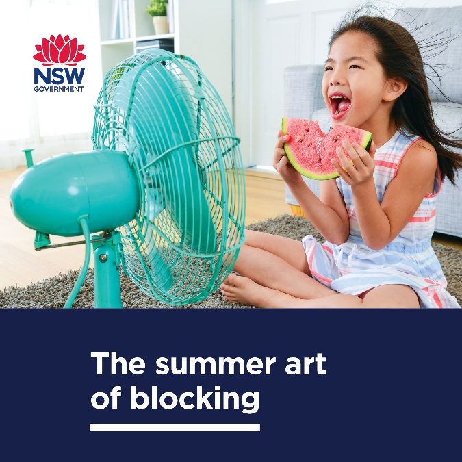 Social media tile with child next to fan and the phrase "The summer art of blocking"