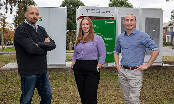 People standing in front of Tesla battery in community
