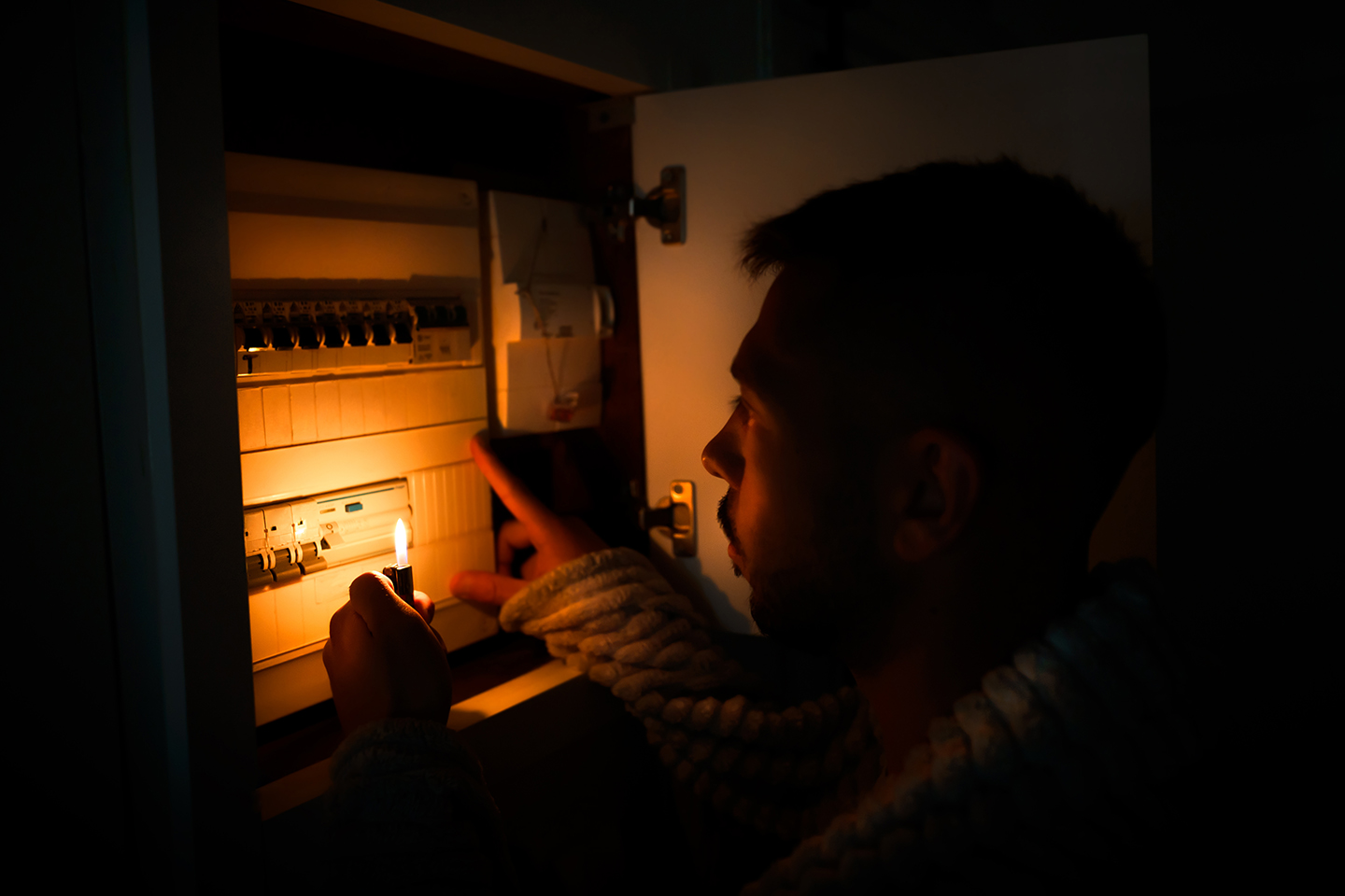 Man standing in the dark inspecting a power switchboard