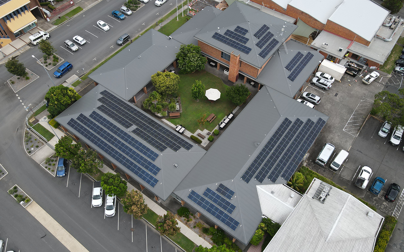 Aerial view of Kempsey Council buildings with solar panels