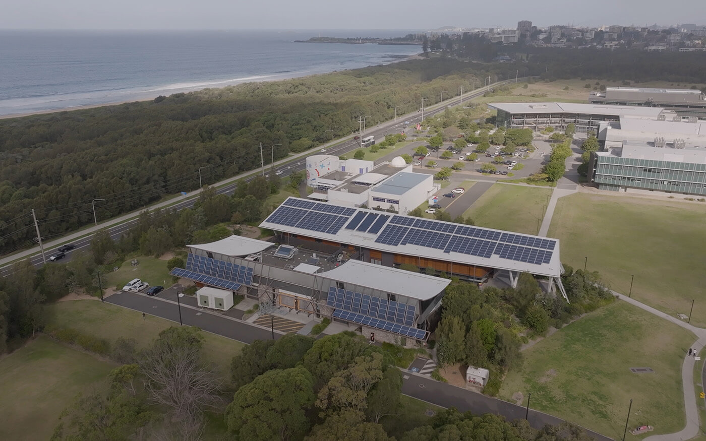 Aerial view of University of Wollongong with solar panels