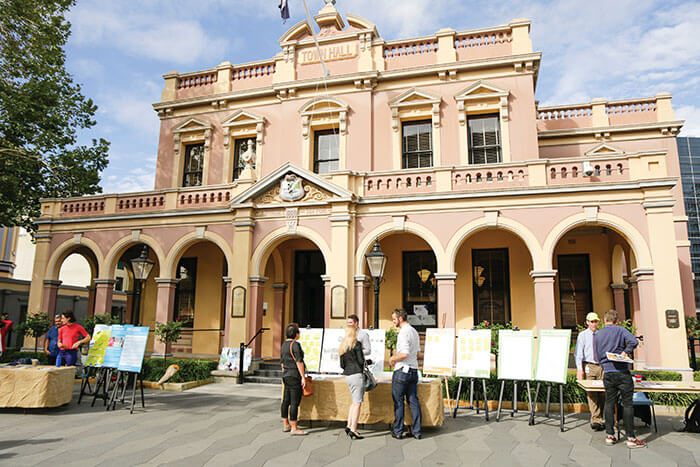 Parramatta Town Hall with information stands