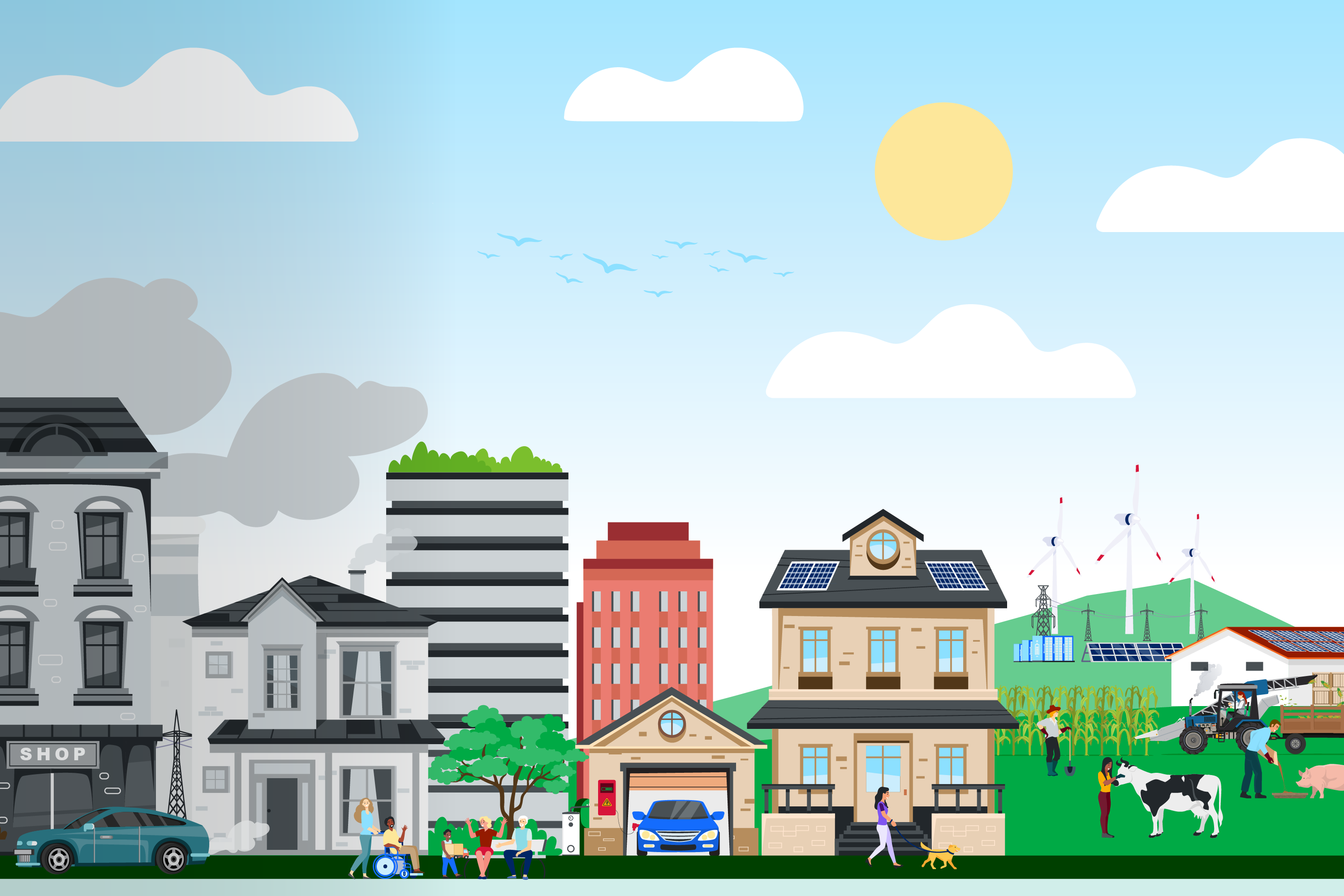 Illustration representing community moving towards net zero