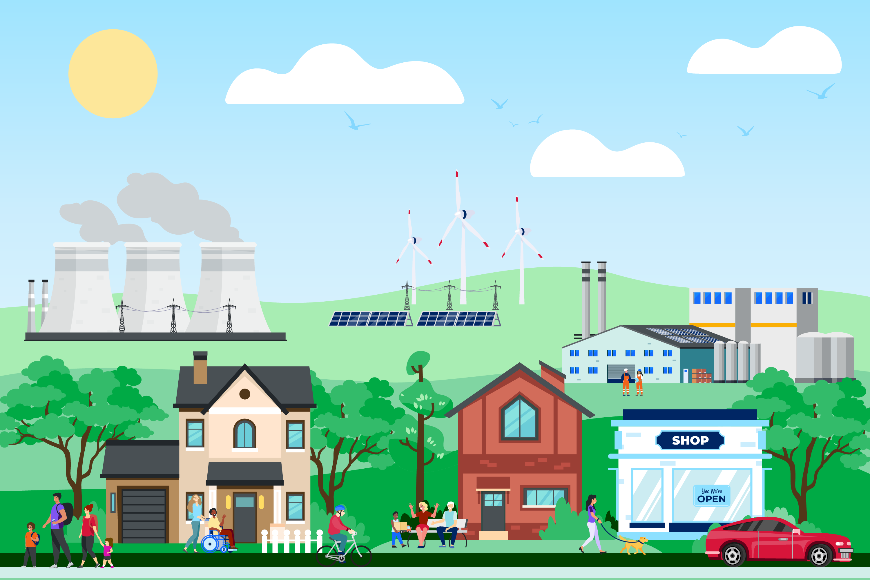 Illustration representing community moving towards net zero