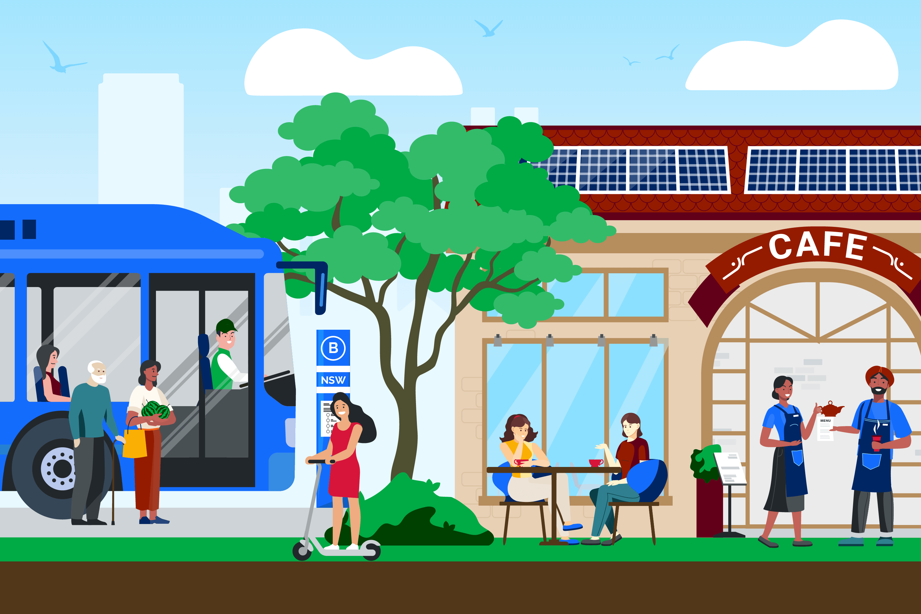 Illustration representing community moving towards net zero