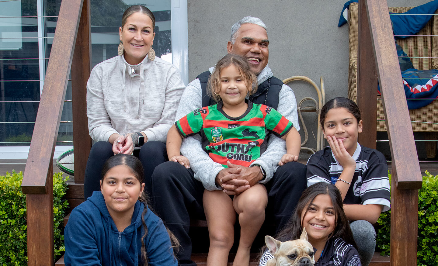 Family sitting outside house