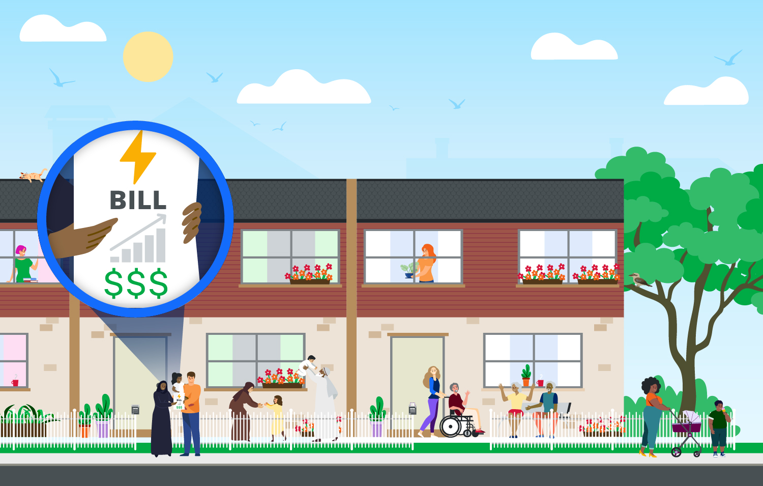 Households and community members in and around their homes, with a spotlight on an energy bill