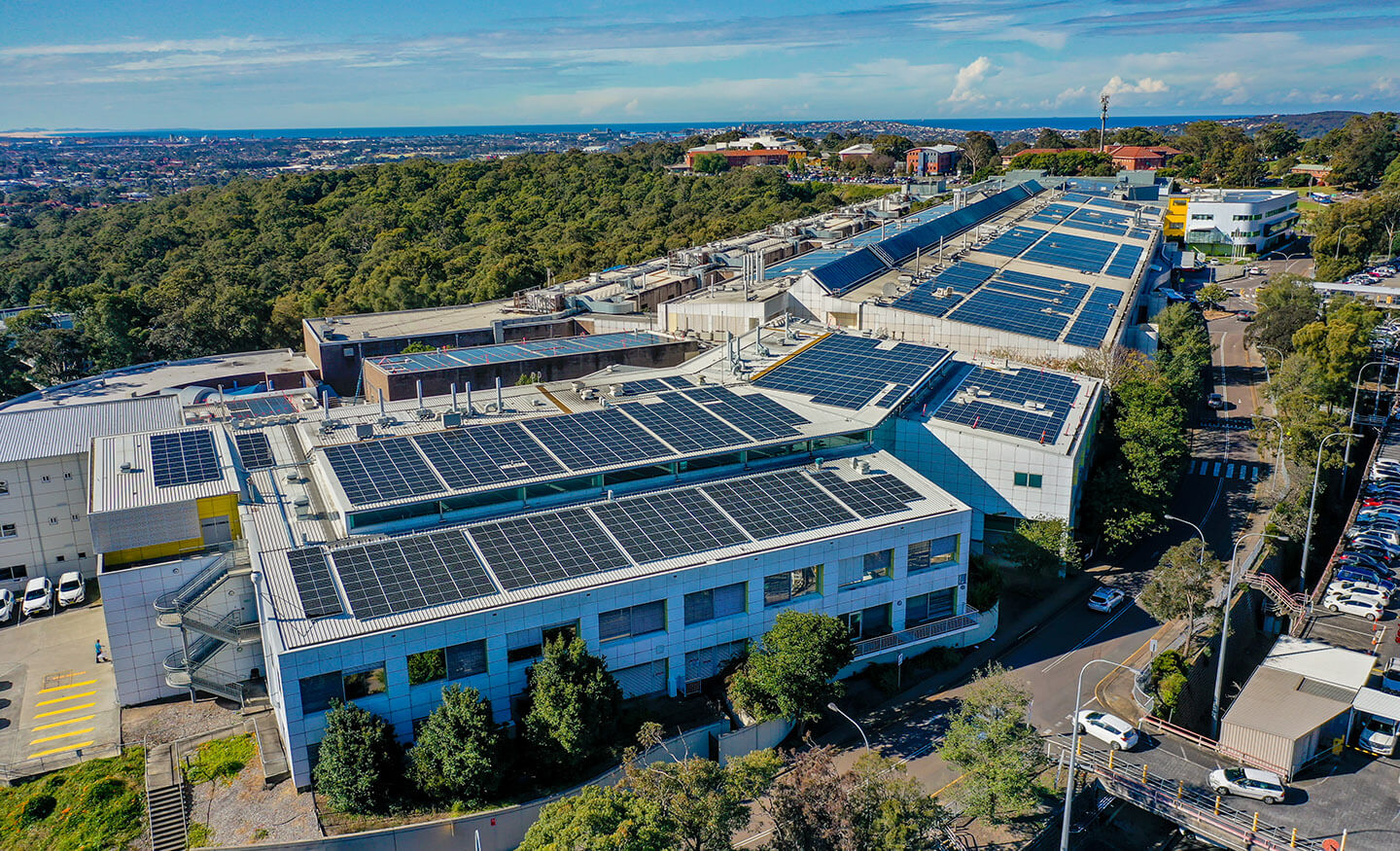 Aerial view of John Hunter Hospital with solar panels