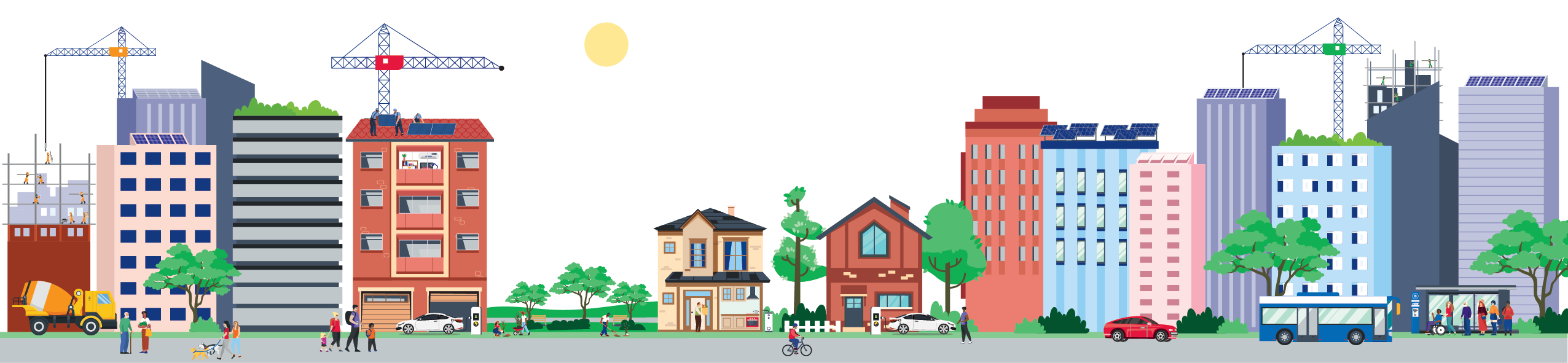 Built environment illustration with different types of homes and businesses