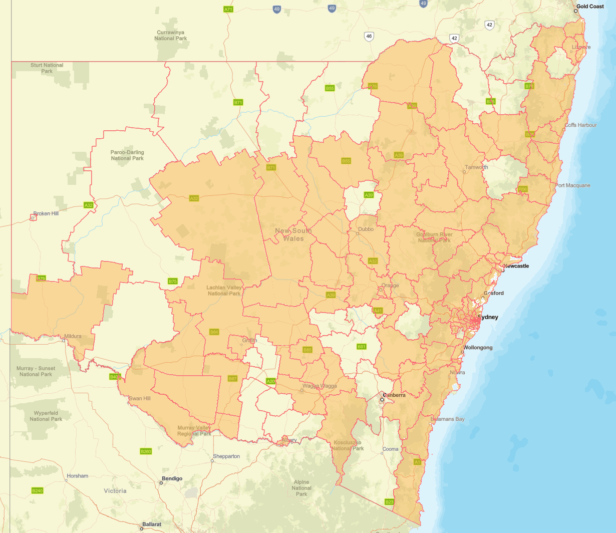 A map of New South Wales showing all the SAP coverage