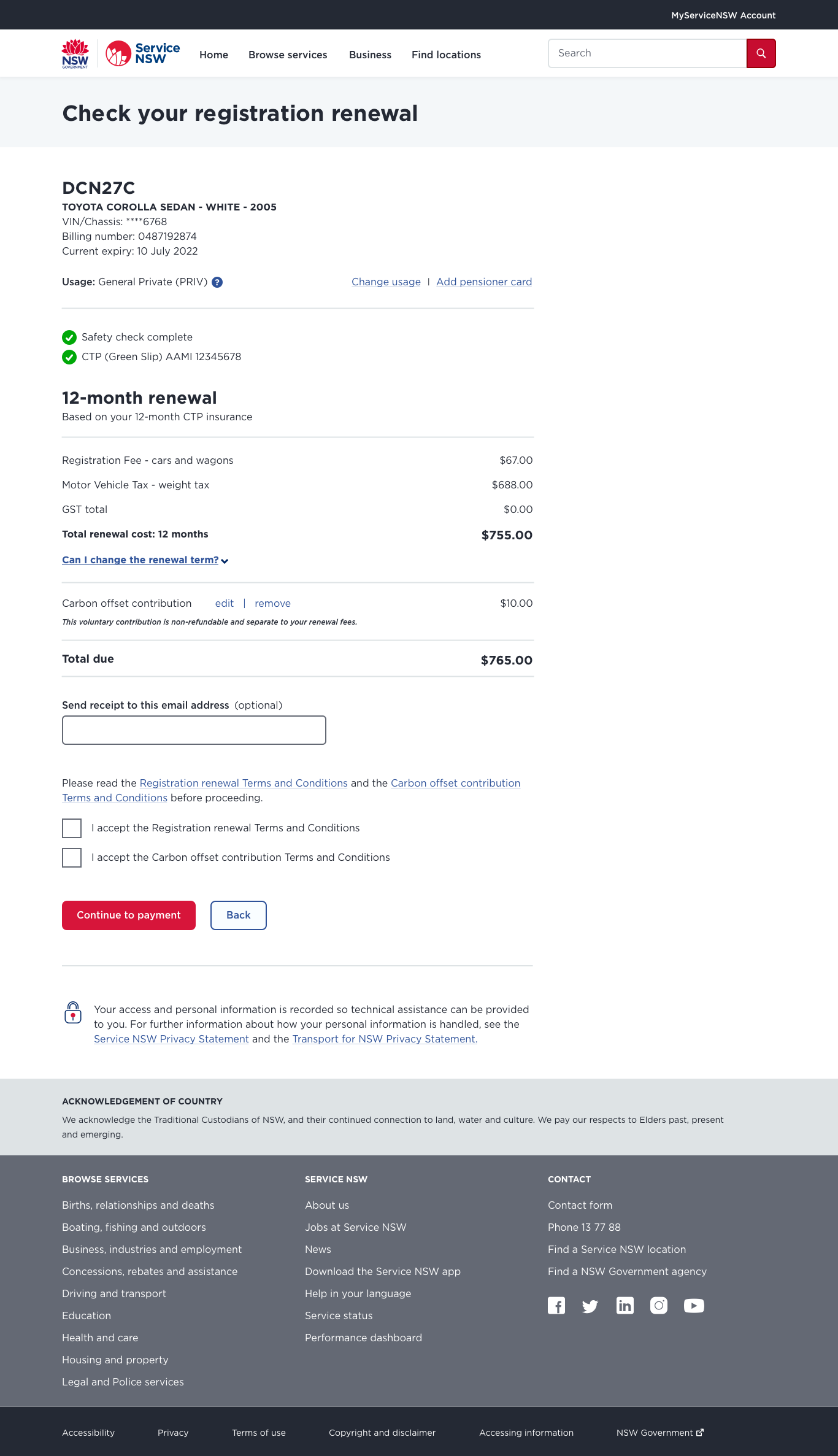 Screenshot of car registration renewal process