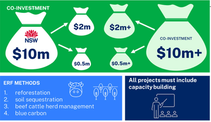 Diagram shows: Co-investment - partners to co-invest equal or greater amount ERF methods eligible: reforestation soil sequestration beef cattle herd management blue carbon All projects must include capacity building