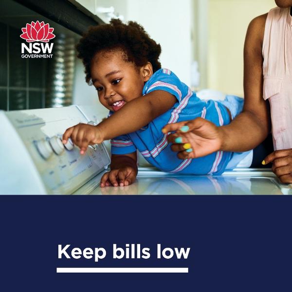 Social media tile with child and the phrase "Keep bills low"