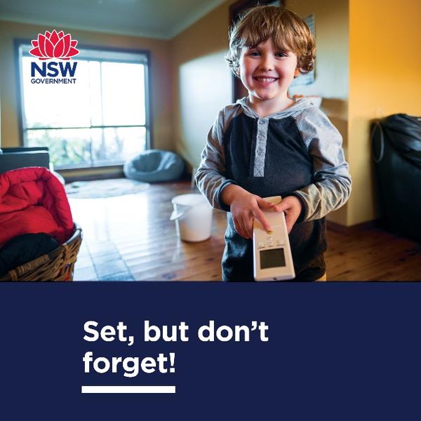 Social media tile with child holding air conditioning remote and the phrase "Set, but don't forget!"