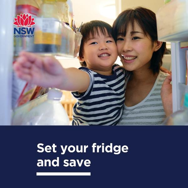 Social media tile with family looking in fridge and the phrase "Set your fridge and save"