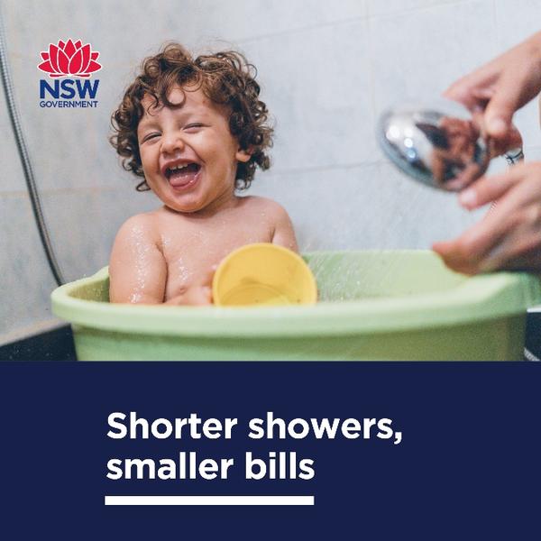 Social media tile with child in bathroom and the phrase "Shorter showers, smaller bills"