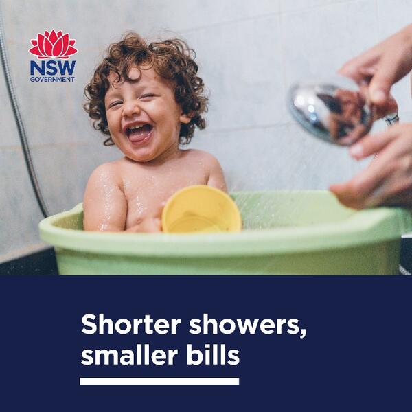 Social media tile with child in bathroom and the phrase "Shorter showers, smaller bills"