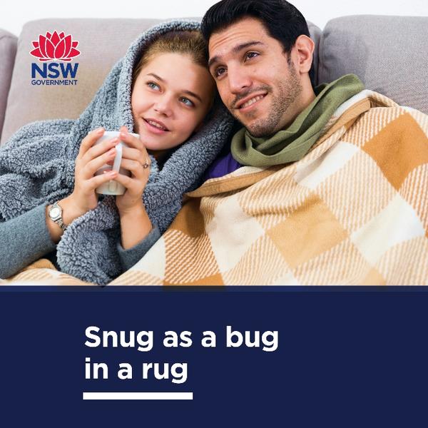 Social media tile with family under blankets and the phrase "Snug as a bug in a rug"