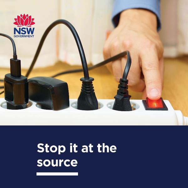 Social media tile with hand turning off power board and the phrase "Stop it at the source"