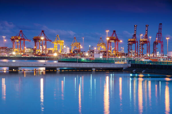 Port Botany at night with reflections on the water