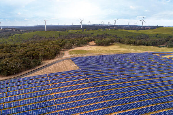 Aerial view of solar farm and wind farm