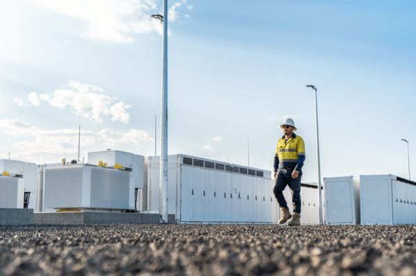 Person walking through battery farm